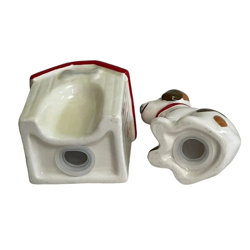 Dog and Doghouse Salt and Pepper Shaker Set Ceramic Brown White Red